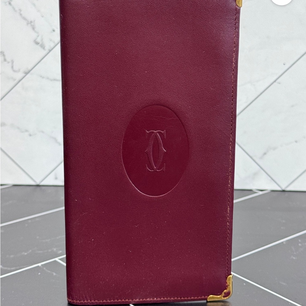 Cartier Maroon Leather Long Wallet with Gold Corners